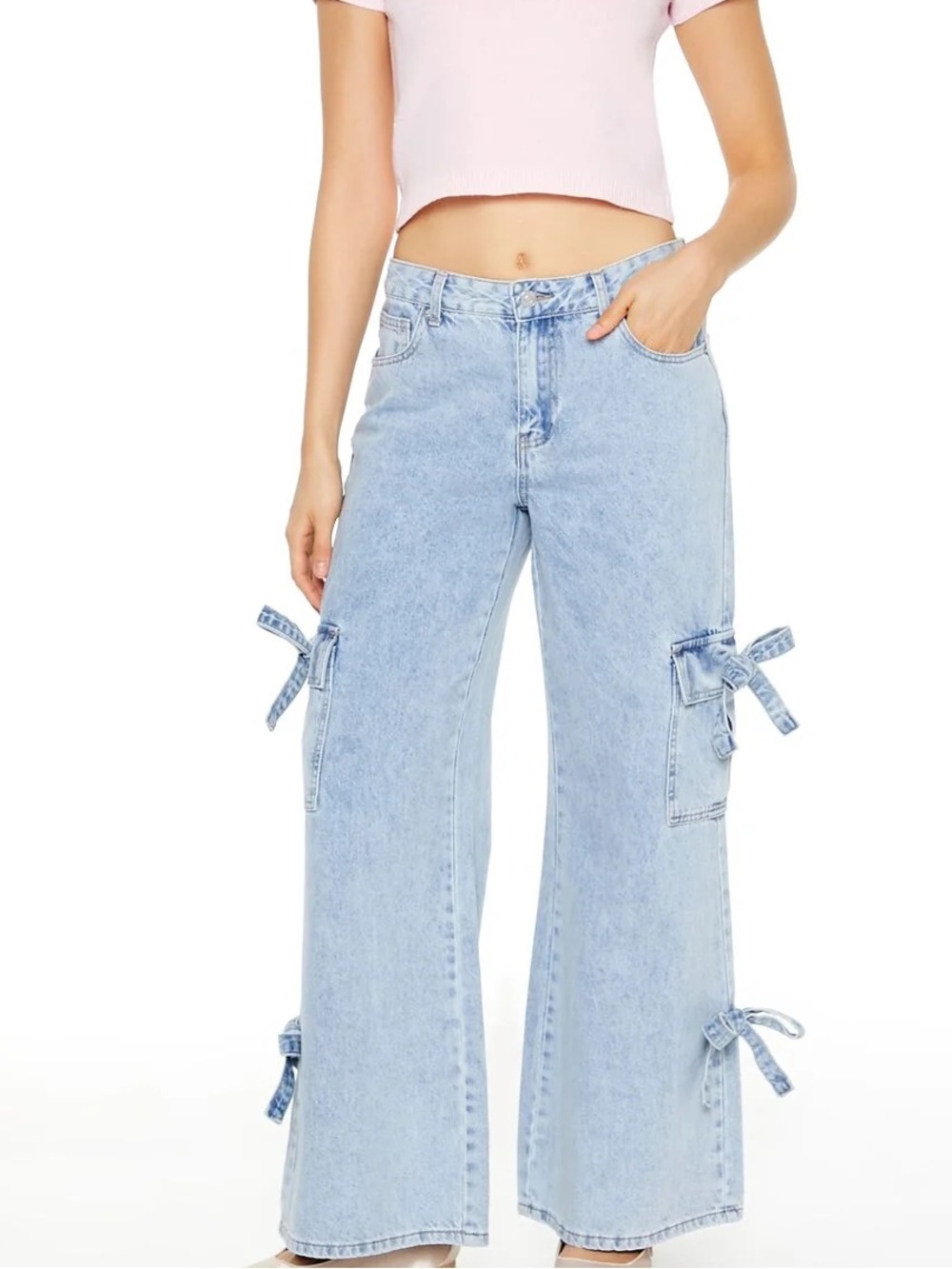 Forever 21 Light Blue Cargo Wide Leg Jeans with Side Bows size 29 women